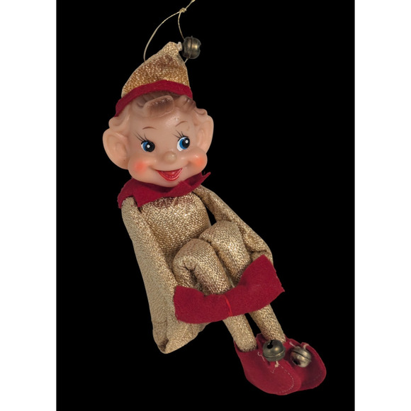 Vintage Christmas Gold Red Knee Hugger Elf Ornament Holiday Collectible Pixie - Picture 1 of 7